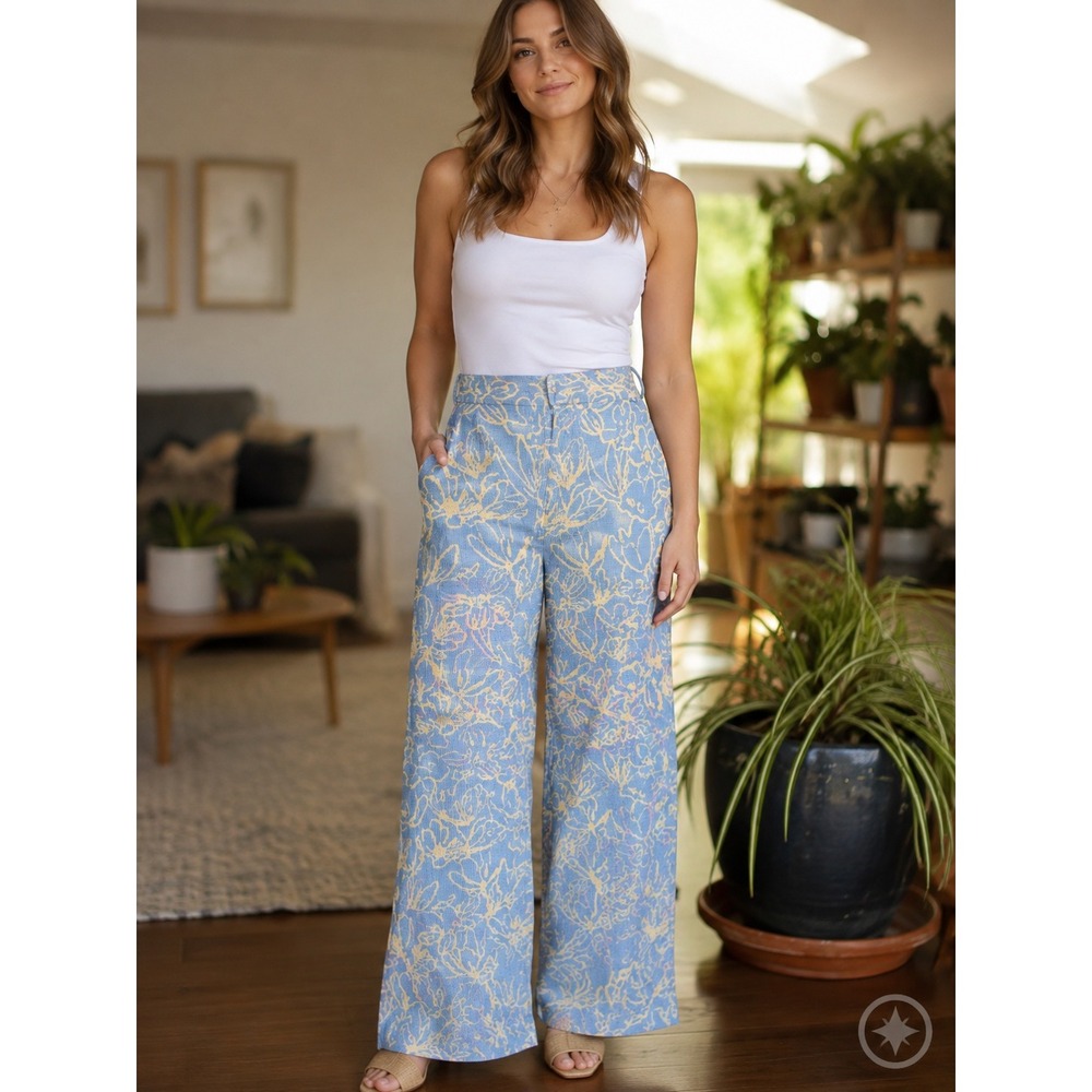 Zara Wide Leg Pants Womens XL Blue Floral Excellent High Waist Coastal Boho